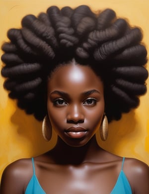 Create a compelling canvas artwork using a brush, featuring a 15-year-old girl from Mozambique. Capture the intricate details of her deep black skin tone and her tightly coiled, dry curls. The composition should focus on a close-up of her face, emphasizing the unique texture of her hair and the richness of her complexion. Utilize meticulous brushwork to convey the subtleties of her features, ensuring a lifelike and expressive portrayal.

