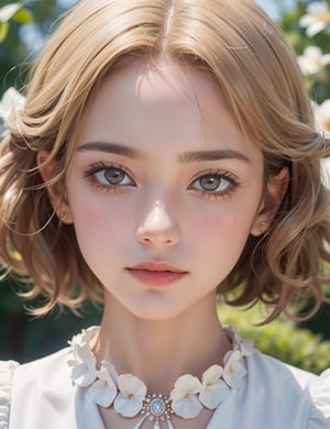 "Craft a compelling, highly detailed description for a watercolor painting portraying a stunning American woman with fair skin, short curly blonde hair, adorned in an elegant white floral dress. The artwork focuses on a close-up, frontal view of her face, rendered in 4k resolution with extreme attention to detail."

