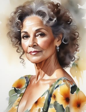 Create a mesmerizing watercolor portrait of an elegant Brazilian woman in her 50s. Capture the intricate details of her sun-kissed, moreno skin and gracefully graying, curly hair. The focus should be a close-up of her face adorned in a floral dress. Achieve a superior quality depiction, emulating the styles of Mary Whyte, Joseph Zbukvic, and Lorraine Watry.

