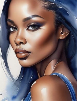 Create a stunning watercolor painting of a beautiful African woman. Emphasize her luscious, full lips, long sleek black hair with a caramel tint, and radiant dark skin. She should be portrayed wearing a shimmering blue gown. Ensure a frontal view with a close-up of her face. Capture the essence of her beauty with the finest details in the aquarelle technique.