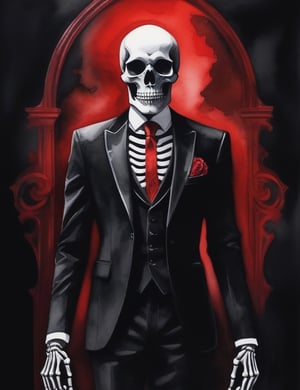 Create a haunting black and white watercolor artwork featuring a skeleton adorned in a black suit. The scene should be set in a dimly lit, ominous environment, with a red aura emanating from the skeleton. Pay careful attention to intricate details, capturing the interplay of shadows and highlights to enhance the eerie atmosphere. The skeleton's attire and the red aura should evoke a sense of mystery and darkness.

