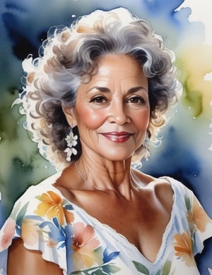 Create a mesmerizing watercolor portrait of an elegant Brazilian woman in her 50s. Capture the intricate details of her sun-kissed, moreno skin and gracefully graying, curly hair. The focus should be a close-up of her face adorned in a floral dress. Achieve a superior quality depiction, emulating the styles of Mary Whyte, Joseph Zbukvic, and Lorraine Watry.

