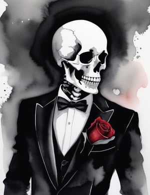 Create a haunting black and white watercolor artwork featuring a skeleton adorned in a black suit. The scene should be set in a dimly lit, ominous environment, with a red aura emanating from the skeleton. Pay careful attention to intricate details, capturing the interplay of shadows and highlights to enhance the eerie atmosphere. The skeleton's attire and the red aura should evoke a sense of mystery and darkness.

