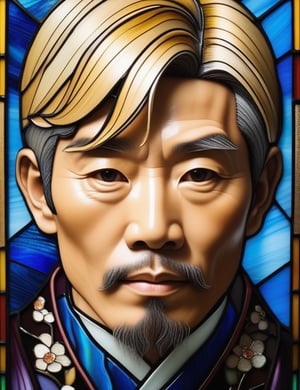 Craft an exquisite stained glass artwork depicting a 40-year-old Japanese man with fair skin and short, blonde hair. The focus is on a close-up of his face. Utilize the vibrant and translucent qualities of stained glass to intricately capture every nuance. Create a superior stained glass art piece that vividly showcases the unique features of his appearance.

