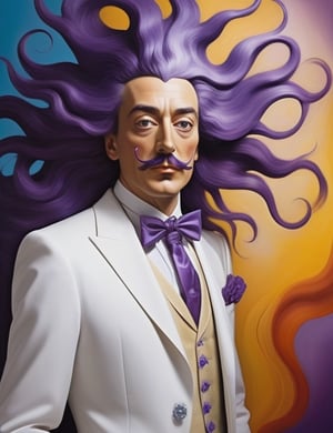 "Craft a surrealistic masterpiece portraying a 30-year-old American man. Envision his fair complexion, long straight hair with purple tips, and the dazzling white suit he wears. Create a close-up of his face with dreamlike details. Draw inspiration from surrealists like Salvador Dalí, René Magritte, and Leonora Carrington, renowned for their ability to transport viewers into fantastical realms through imaginative and dreamy art."

