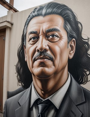 "Create a monumental wall painting portraying a 60-year-old Russian man. Capture the grandeur of his white and elegant suit, showcasing the details of his grey, curly hair, and deep dark brown eyes in a close-up of his face. Draw inspiration from muralists like Diego Rivera, Banksy, and Kobra, known for their ability to convey identity and stories through impactful and large-scale wall paintings."

,Masterpiece