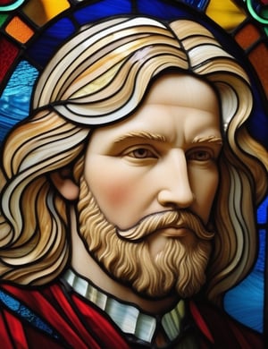 Craft an intricate stained glass artwork featuring a 30-year-old English man with fair skin and long, flowing blonde hair. The focus is on a close-up of his face. Utilize the vibrant and translucent qualities of stained glass to intricately capture every nuance. Create a superior stained glass art piece that vividly showcases the unique features of his appearance.

