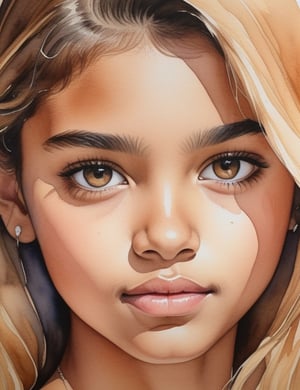 Create a detailed watercolor painting capturing the essence of a 17-year-old Spanish girl. Emphasize her caramel skin tone, short, straight, blonde hair, and focus on a close-up of her face.

