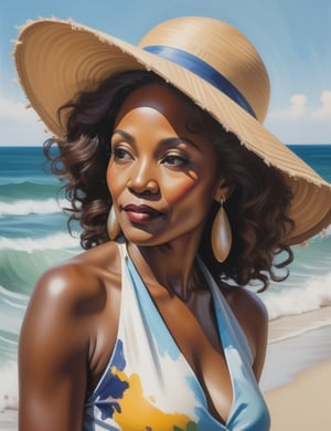 "Capture the timeless elegance of a 60-year-old Nigerian woman in a vibrant splash painting. Infuse the canvas with the dynamic details of her dark ebony complexion, straight yet curly caramel-colored hair, and the serene scene of her wearing a beach hat on the seashore. Create a close-up of her face, emphasizing the richness of her features. Draw inspiration from splash artists like Sam Francis, Holton Rower, and Hua Tunan, known for their ability to evoke emotion and depth through the bold use of color."

