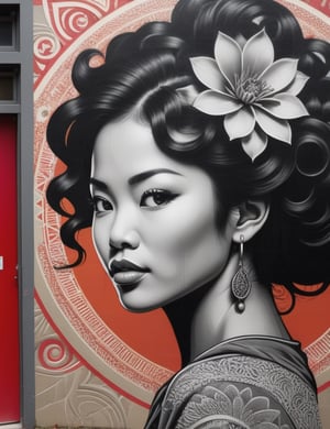 Create an intricate graphite artwork on an urban wall, portraying a 30-year-old Asian woman with curly, black hair. Focus on a close-up of her face, intricately capturing details in the style of urban wall art. Draw inspiration from the intricate details and expressiveness in urban art by Banksy, the richness of details and vibrant colors in the works of Obey Giant, and the fusion of realism and abstraction in the urban creations of Swoon. Craft a superior graphite mural that seamlessly blends these influences into an outstanding portrayal.

