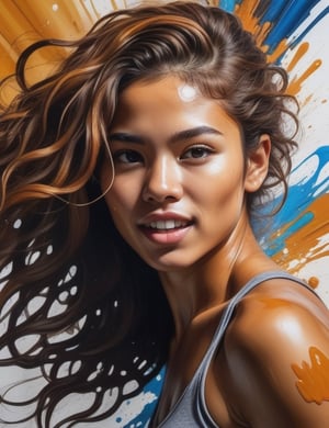 "Create a dynamic splash painting portraying a 20-year-old Uruguayan woman. Capture the dynamic details of her slightly round face, voluminous body, and long, caramel-colored, curly hair as she wears gym attire. The splash effect should emphasize the vibrant energy. Focus on a close-up of her face with expressive detailing. Draw inspiration from artists like Hua Tunan, David Walker, and Iris Scott, known for their mastery in dynamic and expressive splash paintings."

,3D MODEL