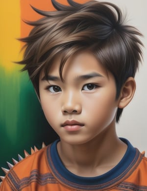 Create an intricate crayon painting artwork, portraying a 15-year-old Asian boy with caramel skin and spiky, short hair. Focus on a close-up of his face, intricately capturing details in the style of crayon painting. Draw inspiration from the intricate details and expressiveness in crayon paintings by Ester Roi, the unique technique and vibrancy in crayon works by Don Marco, and the realism and softness in crayon paintings by Paul Cristina. Craft a superior crayon painting that seamlessly blends these influences into an outstanding portrayal.

