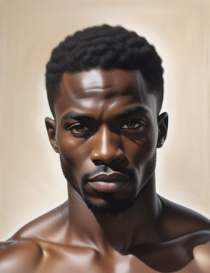 "Create a scintillating 4K realistic portrait of a handsome African man. Focus on intricate details, highlighting his deep black skin, full lips, and a muscular physique as he poses shirtless with a sensual expression. Ensure the background is simple, allowing the subject to shine. Aim for extreme details reminiscent of artists like Chuck Close, Amy Sherald, and Richard Estes. Edit the final image using Adobe Premiere for an added layer of sophistication."

