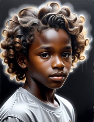 Create a striking wall graffiti artwork portraying a 12-year-old boy from Nigeria using graphite. Pay meticulous attention to detail, capturing the deep, dark black skin tone and the wavy, tightly coiled texture of his hair. The composition should be a close-up of his face, highlighting the unique features of his complexion and the distinct curls of his hair. Use the graphite medium to convey the subtleties of his expression, ensuring a lifelike and expressive representation.

