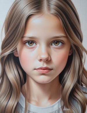 Create a delicate gouache artwork on canvas featuring a 12-year-old English girl. Emphasize her fair skin tone, light brown eyes, and long, straight gray hair in a close-up of her face. Infuse the subtle details reminiscent of Lisa Congdon's gentle gouache techniques, ensuring superior quality and extreme attention to facial features. Capture the delicacy seen in Agata Wierzbicka's portraits for a unique blend of softness and realism, drawing inspiration from the realistic approach of Cinta Vidal to deliver an exquisite and detailed artistic representation.

