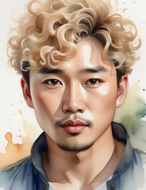 Create a captivating watercolor artwork portraying a 30-year-old Asian man with fair skin, tight and short blonde curly hair. The focus is on a close-up of his face. Use the delicate and fluid nature of watercolors to intricately capture every detail. Craft a superior watercolor piece that gracefully highlights the unique features of his appearance.

