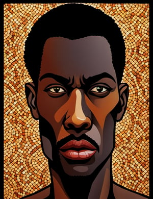 Create a vivid stained glass artwork capturing a 20-year-old African man. Focus on his ebony skin tone, accentuating the richness and depth. Emphasize his full, luscious lips and short, traditional African hairstyle. The artwork should showcase intricate details of a crown adorning his head, symbolizing strength and heritage. Zoom in on a close-up of his face, highlighting the strong facial features. Convey the essence of muscular strength with the absence of a shirt, portraying his robust physique. The stained glass should meticulously portray the play of light and shadow, capturing the essence of this powerful and regal African figure.

