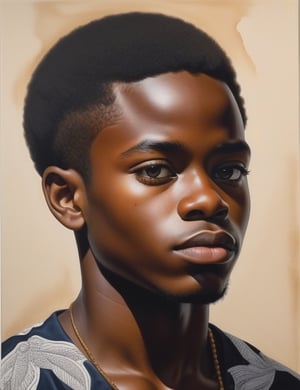 Create a powerful watercolor artwork on canvas featuring a 15-year-old African boy. Highlight his deep black skin tone and tightly curled, close-cropped hair in a close-up of his face. Infuse expressive details reminiscent of Kadir Nelson's emotionally charged watercolor techniques, ensuring superior quality and extreme attention to facial features. Capture the impactful style seen in Toyin Ojih Odutola's portraits for a unique blend of intensity and storytelling, drawing inspiration from the powerful realism of Donte McAdams to deliver a compelling and detailed artistic representation.

