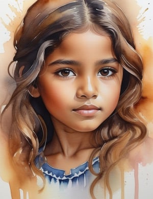 Create a mesmerizing watercolor artwork portraying a 12-year-old Mexican girl with caramel skin and straight, loosely curled hair. The focus is on a close-up of her face. Utilize the delicate strokes of watercolor to intricately capture every nuance. Craft a superior watercolor art piece that vividly showcases the unique features of her appearance.

