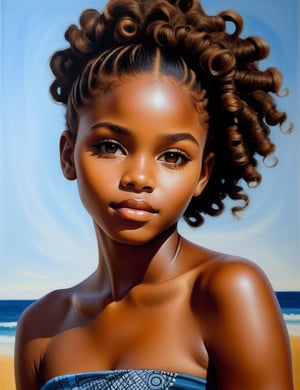 Paint a canvas artwork with a brush featuring a 14-year-old African girl. Capture the intricate details of her caramel-toned skin and her tightly coiled, dry curls. The composition should be a close-up of her face, emphasizing the unique texture of her hair and the warmth of her complexion. Use delicate brushstrokes to convey the subtle nuances of her features, creating a lifelike and expressive portrayal.

