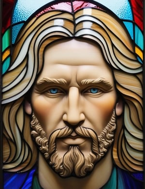 Craft an intricate stained glass artwork featuring a 30-year-old English man with fair skin and long, flowing blonde hair. The focus is on a close-up of his face. Utilize the vibrant and translucent qualities of stained glass to intricately capture every nuance. Create a superior stained glass art piece that vividly showcases the unique features of his appearance.

