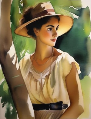 "Craft a watercolor painting portraying a beautiful 19-year-old Brazilian woman. Capture the grace of her light brown complexion, dark brown eyes, and the elegance of her black leather blouse in a close-up of her face. Emphasize soft details to evoke a sense of tropical charm. Draw inspiration from watercolor artists like Winslow Homer, Mary Cassatt, and John Singer Sargent, known for their ability to infuse life and subtlety into their aquarelle works."

