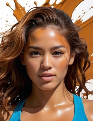 "Create a dynamic splash painting portraying a 20-year-old Uruguayan woman. Capture the dynamic details of her slightly round face, voluminous body, and long, caramel-colored, curly hair as she wears gym attire. The splash effect should emphasize the vibrant energy. Focus on a close-up of her face with expressive detailing. Draw inspiration from artists like Hua Tunan, David Walker, and Iris Scott, known for their mastery in dynamic and expressive splash paintings."

,3D MODEL