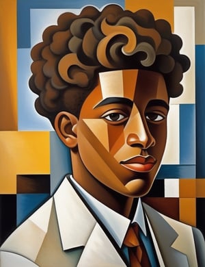 "Create an abstract cubist painting portraying a 15-year-old African boy. Utilize fragmented geometric shapes to capture the essence of his light brown complexion, short and curly hair, and the classic white suit he wears. Focus on a close-up of his face with a joyful smile. Draw inspiration from cubist artists like Pablo Picasso, Georges Braque, and Juan Gris, known for their ability to convey depth and emotion through fractured forms."

