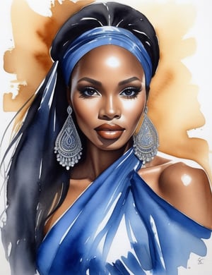 Create a stunning watercolor painting of a beautiful African woman. Emphasize her luscious, full lips, long sleek black hair with a caramel tint, and radiant dark skin. She should be portrayed wearing a shimmering blue gown. Ensure a frontal view with a close-up of her face. Capture the essence of her beauty with the finest details in the aquarelle technique.,photorealistic