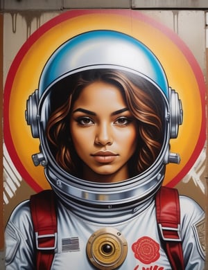 "Craft an urban graffiti artwork portraying a stunning 20-year-old Mexican woman. Capture the vibrancy of her light brown complexion and the allure of her short, caramel-colored, slightly wavy hair. She wears a space suit, and the artwork should focus on a frontal, close-up view of her face. Draw inspiration from graffiti artists like Banksy, Os Gêmeos, and Shepard Fairey, known for their ability to create impactful and visually striking works in urban settings."

