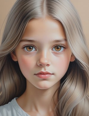 Create a delicate gouache artwork on canvas featuring a 12-year-old English girl. Emphasize her fair skin tone, light brown eyes, and long, straight gray hair in a close-up of her face. Infuse the subtle details reminiscent of Lisa Congdon's gentle gouache techniques, ensuring superior quality and extreme attention to facial features. Capture the delicacy seen in Agata Wierzbicka's portraits for a unique blend of softness and realism, drawing inspiration from the realistic approach of Cinta Vidal to deliver an exquisite and detailed artistic representation.

