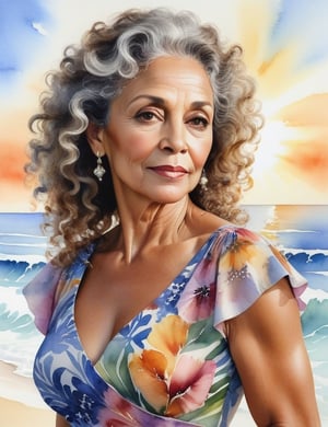 Create a mesmerizing watercolor portrait of an elegant Brazilian woman in her 50s. Capture the intricate details of her sun-kissed, moreno skin and gracefully graying, curly hair. The focus should be a close-up of her face adorned in a floral dress. Achieve a superior quality depiction, emulating the styles of Mary Whyte, Joseph Zbukvic, and Lorraine Watry.

