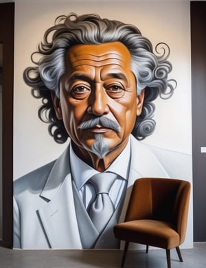 "Create a monumental wall painting portraying a 60-year-old Russian man. Capture the grandeur of his white and elegant suit, showcasing the details of his grey, curly hair, and deep dark brown eyes in a close-up of his face. Draw inspiration from muralists like Diego Rivera, Banksy, and Kobra, known for their ability to convey identity and stories through impactful and large-scale wall paintings."

,Masterpiece