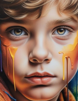 Create an intricate crayon painting artwork, portraying a 14-year-old Russian boy with white skin and caramel-colored eyes. Focus on a close-up of his face, intricately capturing details in the style of crayon painting. Draw inspiration from the intricate details and expressiveness in crayon paintings by Ester Roi, the unique technique and vibrancy in crayon works by Don Marco, and the realism and softness in crayon paintings by Paul Cristina. Craft a superior crayon painting that seamlessly blends these influences into an outstanding portrayal.

