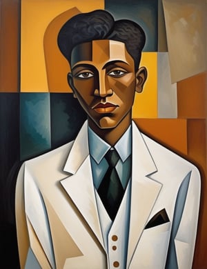 "Create an abstract cubist painting portraying a 15-year-old African boy. Utilize fragmented geometric shapes to capture the essence of his light brown complexion, short and curly hair, and the classic white suit he wears. Focus on a close-up of his face with a joyful smile. Draw inspiration from cubist artists like Pablo Picasso, Georges Braque, and Juan Gris, known for their ability to convey depth and emotion through fractured forms."

