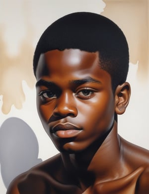 Create a powerful watercolor artwork on canvas featuring a 15-year-old African boy. Highlight his deep black skin tone and tightly curled, close-cropped hair in a close-up of his face. Infuse expressive details reminiscent of Kadir Nelson's emotionally charged watercolor techniques, ensuring superior quality and extreme attention to facial features. Capture the impactful style seen in Toyin Ojih Odutola's portraits for a unique blend of intensity and storytelling, drawing inspiration from the powerful realism of Donte McAdams to deliver a compelling and detailed artistic representation.

