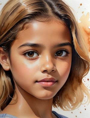 Create a detailed watercolor painting capturing the essence of a 17-year-old Spanish girl. Emphasize her caramel skin tone, short, straight, blonde hair, and focus on a close-up of her face.

