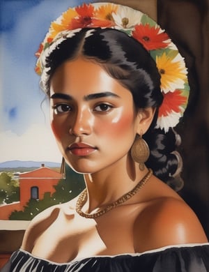 "Craft an exquisite 4K watercolor painting portraying the allure of a Mexican woman. Pay meticulous attention to details, depicting her warm, bronzed complexion, short, curly black hair, and a simple black dress. The composition should feature a frontal, close-up view of her face. Strive for extreme details inspired by artists like Diego Rivera, Frida Kahlo, and Winslow Homer."

