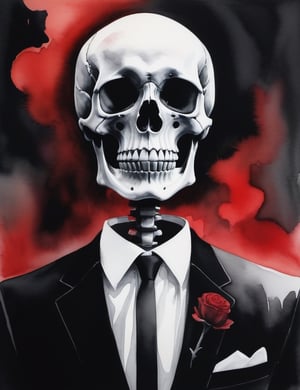 Create a haunting black and white watercolor artwork featuring a skeleton adorned in a black suit. The scene should be set in a dimly lit, ominous environment, with a red aura emanating from the skeleton. Pay careful attention to intricate details, capturing the interplay of shadows and highlights to enhance the eerie atmosphere. The skeleton's attire and the red aura should evoke a sense of mystery and darkness.

