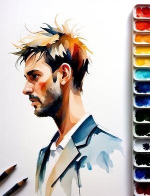 "Create a captivating watercolor painting portraying a 25-year-old Australian man. Highlight the enchanting details of his short, straight, blonde hair, fair complexion, and the golden suit he wears in a close-up view of his face. Draw inspiration from artists like Alvaro Castagnet, Joseph Zbukvic, and Agnes Cecile, known for their expressive watercolor techniques and attention to intricate details."

