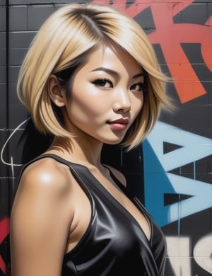 "Create a vibrant wall graffiti portraying a beautiful 20-year-old Asian woman. Capture the urban modernity with her fair complexion, short blonde hair, and the dazzling black shiny dress she wears. Focus on a close-up of her face, bringing out the lively expression. Draw inspiration from graffiti artists like Banksy, Os Gêmeos, and Shepard Fairey, known for their ability to infuse energy and vibrancy into urban settings through impactful and visually striking works."

