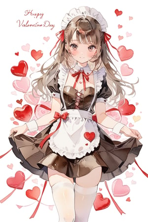 1girl, brown patent leather maid, brown dress,white thighhighs,white apron,cross-laced clothes, masterpiece, best quality, looking at viewer naked ribbon,wrapped up,happy valentine, Valentine Day, selling chocolate,
masterpiece, best quality, aesthetic,watercolor \(medium\)