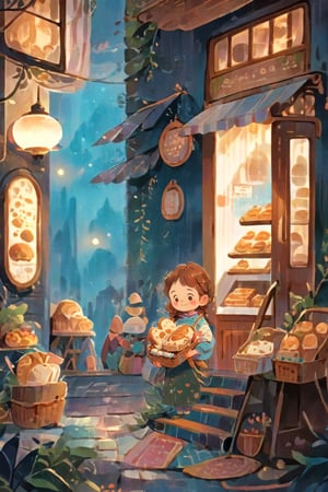 a beautiful artwork illustration, detailed scenery, environment design illustration, highly detailed scene, beautiful anime scenery concept art, immensely detailed scene, vintage paper, more detail XL, Warm pastel colors, shuicaixiaodian, 1girl, holding bread, cute, kawaii, brown braid hair 