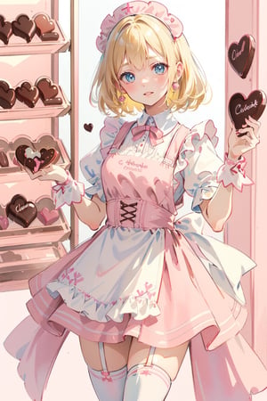 1girl, blonde hair, ((selling chocolate for boyfriend at chocolate shop)), Pink patent leather maid, pink dress,white thighhighs,white apron,cross-laced clothes, masterpiece, best quality, looking at viewer, vintage fantasy, watercolor, warm pastel colour tone, colourpencil style, ((half body)),kawaiitech