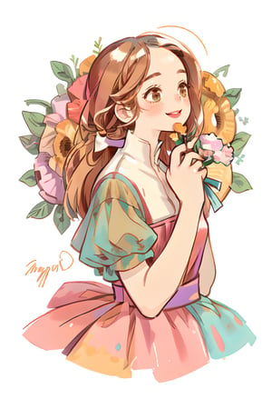 (masterpiece, best quality), hyperdetailed, warm pastel colour, flat color, brown, ultra detailed, smile, detailed eyes, 1 girl like anna, frozen, grey long braid hair, ((she wears brown vintage dress, holding bouquet)), charismatic, character sheet, (multiple views, upper body, side body, back body, reference sheet:1),(lora:GirlfriendMix2:1),monochrome,sketch,greyscalee,watercolor, vintagepaper,perfect, hand, fingers,hand