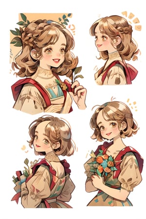 (masterpiece, best quality), hyperdetailed, warm pastel colour, flat color, brown, ultra detailed, smile, detailed eyes, 1 girl, grey braid hair, ((she wears only brown vintage dress, holding bouquet)), charismatic, character sheet, (multiple views, upper body, side body, back body, reference sheet:1),(lora:GirlfriendMix2:1),monochrome,sketch,greyscalee,watercolor, vintagepaper,perfect,hand,fingers