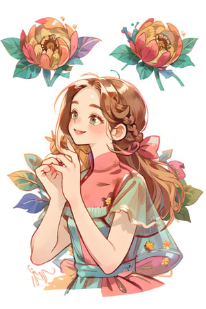(masterpiece, best quality), hyperdetailed, warm pastel colour, flat color, brown, ultra detailed, smile, detailed eyes, 1 girl like anna, frozen, grey long braid hair, ((she wears brown vintage dress, holding bouquet)), charismatic, character sheet, (multiple views, upper body, side body, back body, reference sheet:1),(lora:GirlfriendMix2:1),monochrome,sketch,greyscalee,watercolor, vintagepaper,perfect, hand, fingers,hand