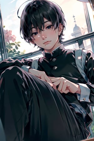 (masterpiece,  best quality:1.4), an painting of yoshidadef, 1boy, black hair, black eyes, mole under mouth, multiple piercings, piercing, short hair, school uniform, gakuran, black sleeves, long sleeves, black pants, best hands, perfect hands, perfect, daylight,High detailed,BOTTOM VIEW, close shot, portrait