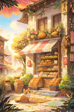 a beautiful artwork illustration, detailed scenery, environment design illustration, highly detailed scene, beautiful anime scenery concept art, immensely detailed scene, vintage paper, more detail XL, Warm pastel colors, brown, shuicaixiaodian, sunset, an outdoor bread shop, window shopping, door, stair, a brown cat wear head_piece, mascot costume stand outside, cute, kawaii,KidsRedmAF