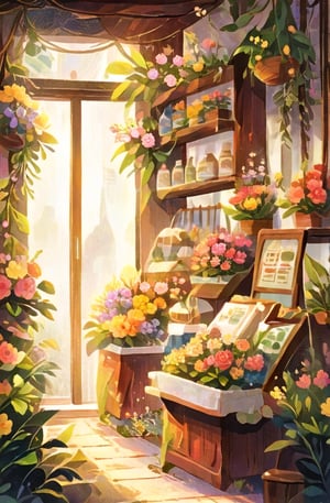 warm pastel colour, brown, painting of an indoor flower shop, anime scenery concept art, immensely detailed scene, a beautiful artwork illustration, detailed scenery, environment design illustration, highly detailed scene, beautiful anime scene, anime scenery, detailed soft painting, oil painting,1 girl, glowing eyes, brown braided hair, beautiful face, seller, vintagepaper, children's picture books, more detail XL